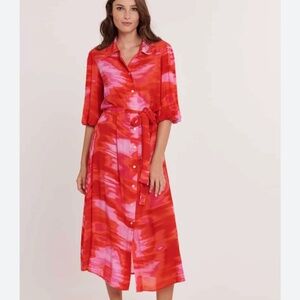 Lin land red puff sleeve midi dress